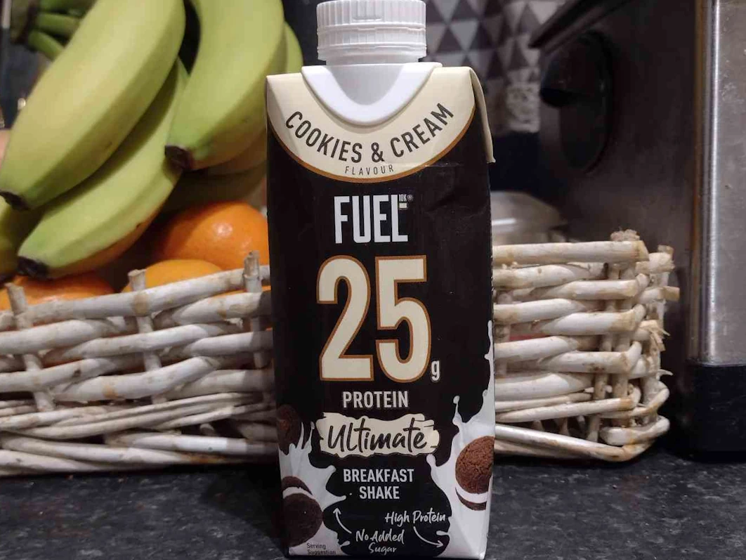 a photograph of the FUEL10K Cookies and Cream High Protein Shake