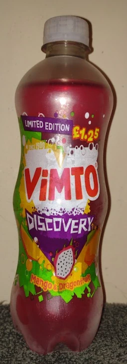 a photograph of a Vimto Discovery Mango and Dragonfruit drink.